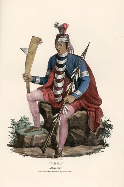 The Son, an Chief of the Miami Tribe.  Hand-colored lithograph from the Aboriginal Portfolio, painted at the Treaty of Massinnewa (1827).