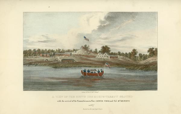 Little Lake Butte Des Morts just north of Lake Winnebago where Governor Lewis Cass of Michigan, and Thomas McKenney, head of the Bureau of Indian Affairs (seen here arriving in a boat), met with Menominee leaders to settle their territorial disputes in 1827. Because representatives of the Oneida and Stockbridge tribes did not attend, the territorial issues were not resolved until 1831 in Washington, D.C. At that time the Menominee ceded lands between Lake Michigan and Lake Winnebago. Hand-colored lithography from the Aboriginal Portfolio, painted by J.O. Lewis, who accompanied McKenney and Cass, at the Treaty of Butte des Morts (1827).