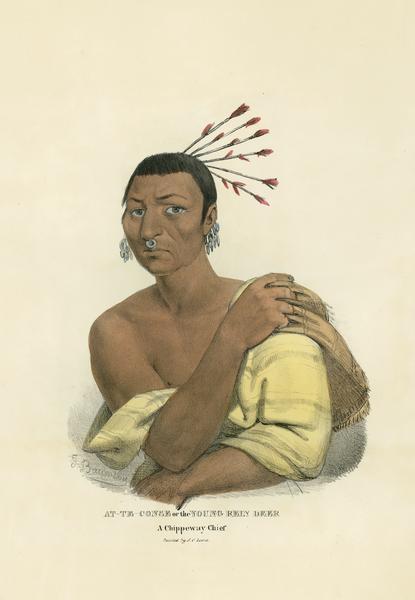 At-te-conse, or The Young Reindeer, a Chippeway (Ojibwa) Chief. Hand-colored lithograph from the Aboriginal Portfolio.