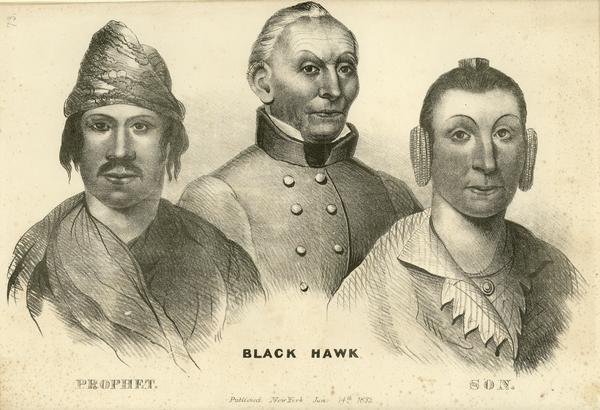 Portrait of Black Hawk, Sauk Chief (center); Wabokieshiek, the Winnebago (Ho-Chunk) Prophet (left); Black Hawk's son (right). Lithograph from the Aboriginal Portfolio, drawn by James Otto Lewis.