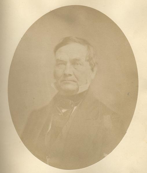 Quarter-length oval portrait of Henry L. Baird.  He was born in Ireland and came to Wisconsin in July of 1824.  Baird resided in Green Bay and was 45-years-old at the time of the photograph.