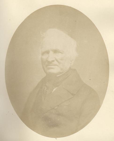 Quarter-length oval portrait of D. Jones.  He was born in Dutchess County, New York, on February 14, 1788.  Jones came to what was then the Territory of Michigan in 1802, and later resided in Green Bay.