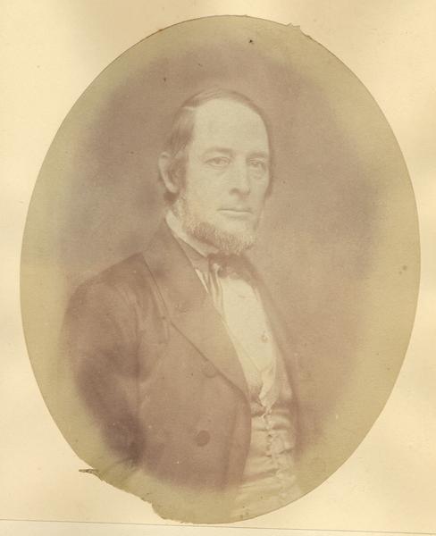 Quarter-length oval portrait of Frank Desnoyer.  He was born in Detroit. Michigan and emigrated to Wisconsin on July 1, 1835.