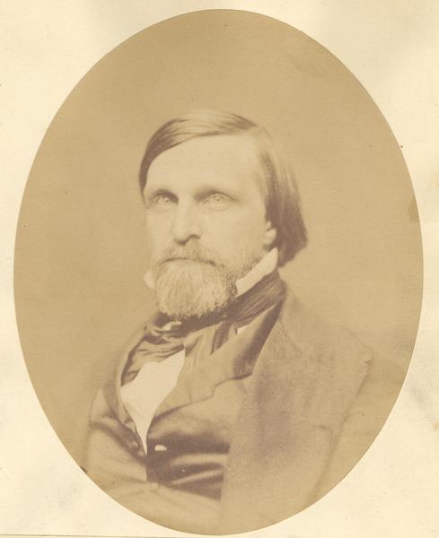 Quarter-length oval portrait of John Fox Potter.  He was born in Augusta, Maine, on May 11, 1817.  Potter came to Wisconsin in 1836 and resided in Potter's Lake, East Troy, Walworth County.  He was a Republican member of the Wisconsin state assembly in 1856, a state court judge in Wisconsin, and a U.S. Representative from the Wisconsin 1st District from 1857 until 1863. He died in 1899.