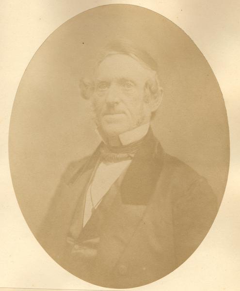 Quarter-length oval portrait of Sheldon Walling. He was born on December 15, 1795, in Old Canaan, Litchfield County, Connecticut. He moved to Wisconsin on June 22, 1836, and resided in Elk Horn. Walling was the first of four territorial Sheriffs in Walworth County.
