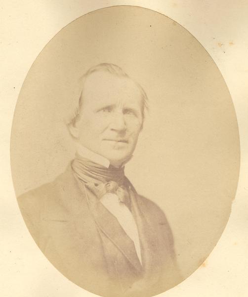 Quarter-length oval portrait of William Spaulding.  He was born in Bradford County, Pennsylvania on August 30, 1807.  Spaulding came to Wisconsin in November of 1836, and resided in Rock County.  He was one of the first three County commissioners, chairman of the township board of supervisors for two years, and a member of the Republican party.
