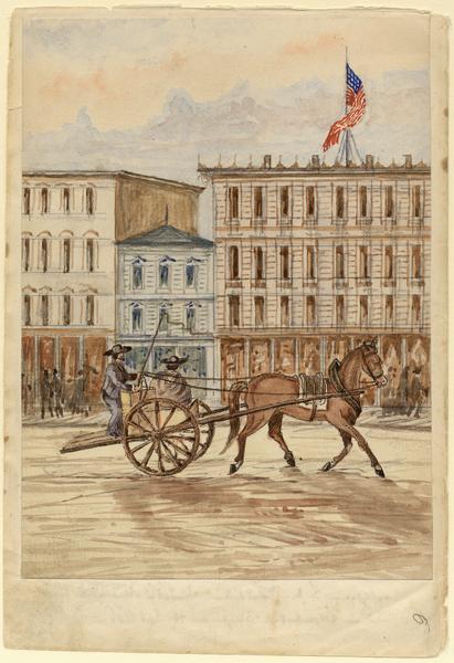 On June 20, 1856 Hölzlhuber took a two-wheeled horse cart from the Lake Shore Railroad depot in Milwaukee to East Water Street and the home of his hosts, the Vintschger family, whom he had known in Vienna.  Here the cart (driven by a German from Cologne named Herrgott) passes pedestrians in front of several buildings, one flying the American flag. That evening at a Sangerfest in the city, he was serenaded by the Milwaukee Singing Society. 

Taken from Hölzlhuber's description of the scene, translated by Vera Kroner.