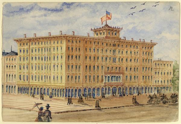 The magnificent Newhall House, a hotel that dwarfed the neighboring buildings, opened in 1857. Hölzlhuber completed this sketch for the <i>Neue illustrierte Zeitung</i> in Vienna, which published it January 29, 1883. This was a few weeks after the hotel had completely burned down with a loss of over seventy lives. In the drawing are pedestrians and a horse-drawn carriage. A large American flag flies on top.