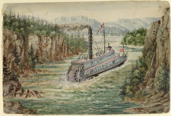 In August 1858, Hölzlhuber traveled up the St. Croix River to Stillwater, Minnesota, on the steamship <i>Winona</i>. He noted the upper Mississippi's tributaries were too narrow to admit steamships with two sidewheels. At Stillwater he marveled at the large sawmills loading lumber for shipment downriver. Here the single-smokestack <i>Winona</i> threads its way between high fir-covered bluffs. 

Taken from Hölzlhuber's description of the scene, translated by Vera Kroner.
