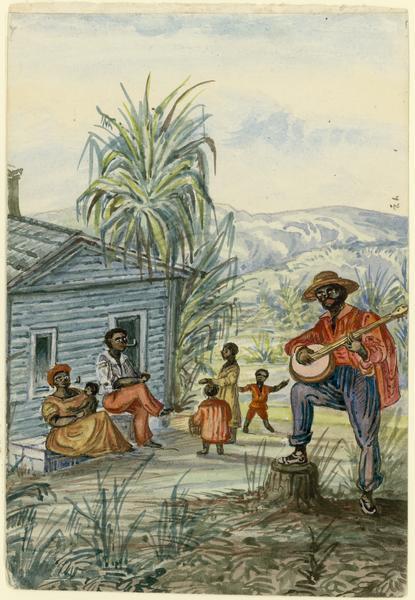 Hölzlhuber felt his most interesting experiences in America were his interactions with southern slavery. "My sketch here shows a negro family as I saw them in South Carolina. This family had been with the plantation owner for fifteen years, and was just resting and singing religious songs." In front of a cabin he painted four children, a woman, a man smoking a pipe, and another man playing the banjo. 

Taken from Hölzlhuber's description of the scene, translated by Vera Kroner.