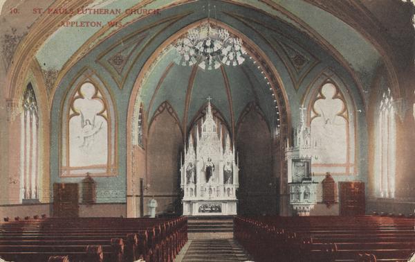 The nave and altar of St. Paul's, with Gothic arches and stained glass windows. Caption reads: "St. Paul's Lutheran Church, Appleton, Wis."