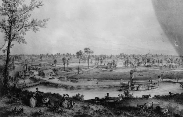 Lithograph view of river with a riverboat on the river, and a family on a hill above the river. There is a wagon or cart on the road below the hill.
