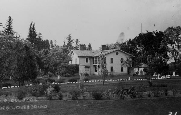 Oakleigh Lodge on the south shore of Lake Monona, one-time home of Dr. and Mrs. William Reginald Reynolds of Dublin, Ireland, who purchased the house and 60 acres of lakeside property from Dr. Joseph Hobbins in 1860. At the time of this photograph, the house was being used as a restaurant run by Mr. and Mrs. Oliver M. Davis. It was later demolished when Highway 12-18 (Broadway) was widened.
