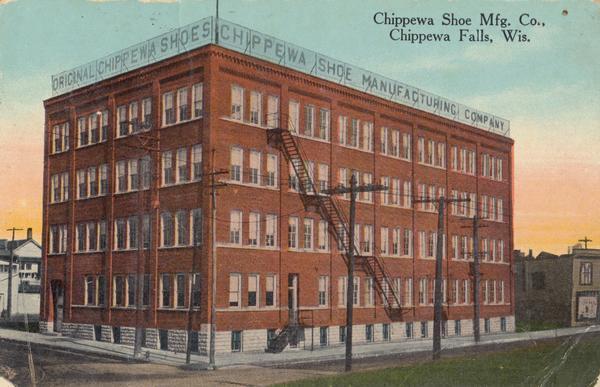 Slightly elevated view toward the Chippewa Shoe Manufacturing Company building, Bay Street & River Street, looking north. Caption reads: "Chippewa Shoe Mfg. Co., Chippewa Falls, Wis."