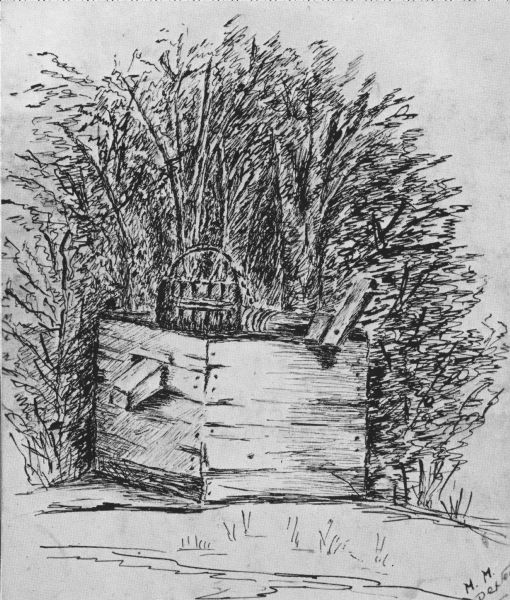 Black and white ink drawing of an old wooden well.