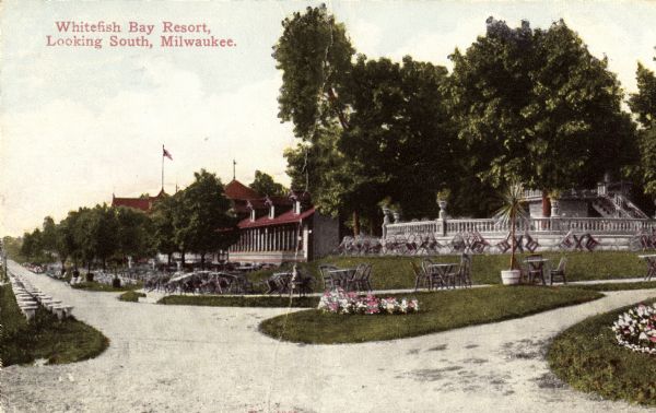 The Whitefish Bay Resort and park. Caption reads: "Whitefish Bay Resort, Looking South, Milwaukee."
