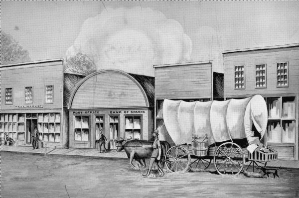 View on North Water Street, showing the building in which the Bank of Sparta was founded. A man is walking beside a oxen pulling a covered wagon.