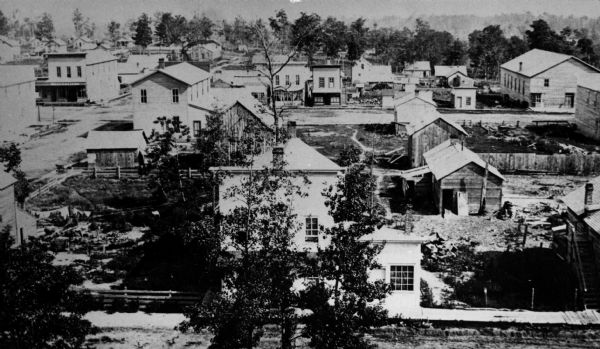 Elevated view of Shell Lake before a fire on December 3, 1889 which swept Main Street and destroyed more than twenty business places.