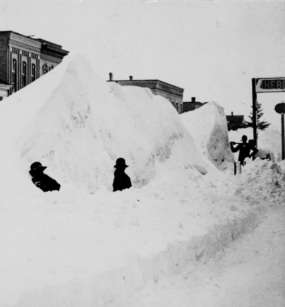 Winter scene from the corner of 7th Street after the "big snow" of 1881, Sheboygan, Wisconsin.