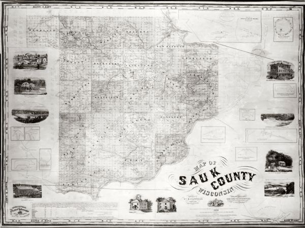 Map featuring various views of buildings and scenes from Sauk County.