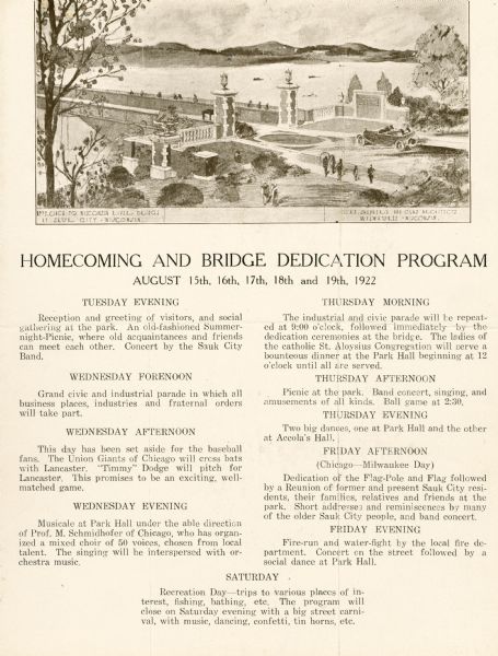 Homecoming and bridge dedication program, featuring an image of the approach to the Wisconsin River Bridge, and a listing of the celebration's planned events.