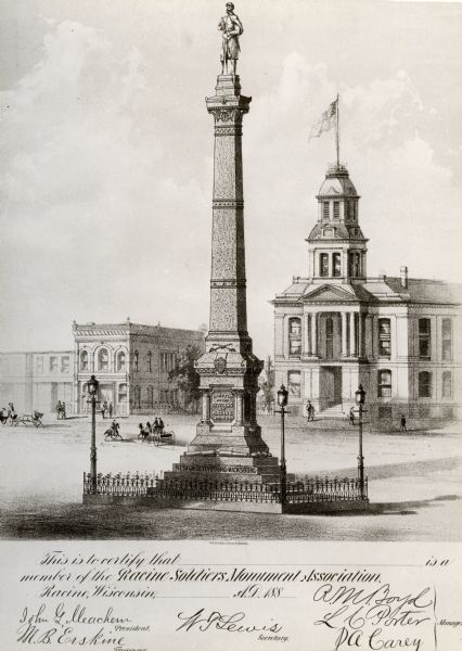 Proposed Soldier's Monument illustration (erected in 1884) printed on a certificate of membership to the Racine Soldiers Monument Association.