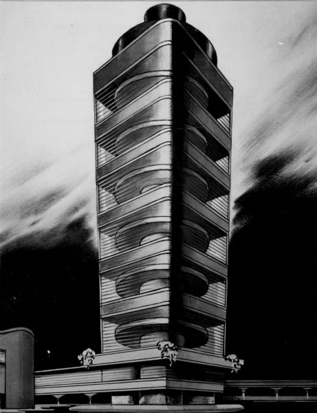 Artist rendition of the exterior view of the research and development tower of the Johnson Wax building.