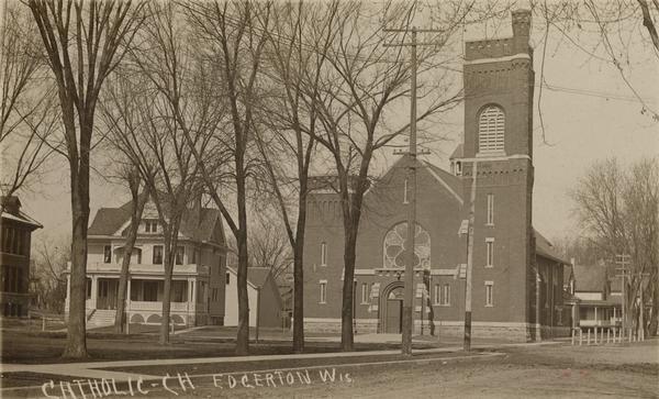 Catholic Church in Edgerton Entrance to the Catholic Church. Caption reads: "Catholic Ch Edgerton, Wis."