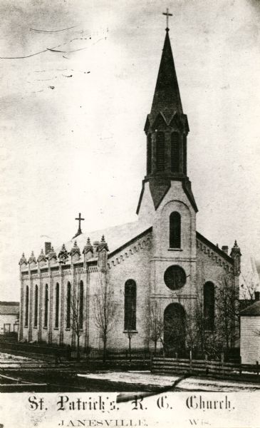 St. Patrick's Roman Catholic Church before the convent was built behind it. Caption reads: "St. Patrick's R. C. Church, Janesville, Wis."