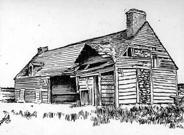 A drawing of the DuCharme/Grignon house and fur-trading post as it appeared shortly before being razed in about 1892.