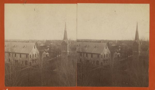 Stereograph view looking downhill towards Lancaster, with the Congregational Church to the right.