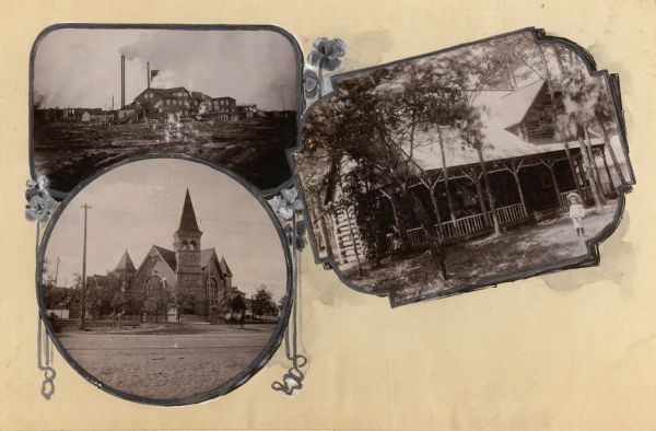 Composite of views of Oakwood Beach Lodge, Pioneer Presbyterian Church and a sawmill.