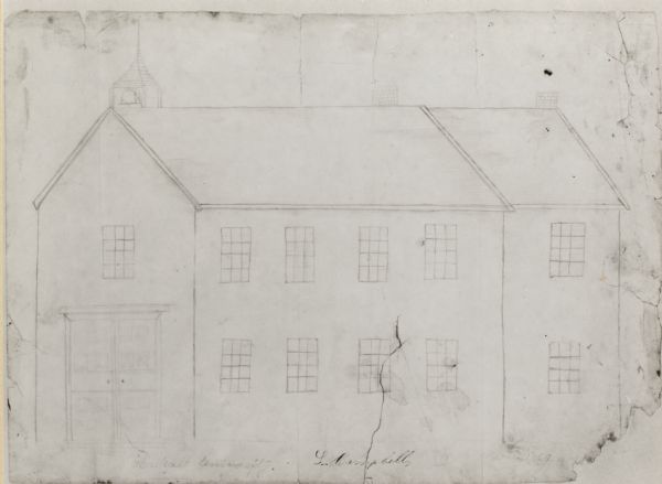 A drawing of the private Haskell University that was operating during the 1850's. The drawing was done by a student, Mrs. L. Campbell who spelled the name of the school incorrectly on the drawing itself.
