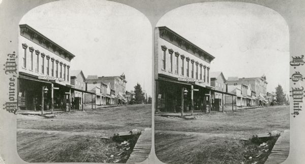 Stereograph view of the Westside Courthouse Square in Monroe.