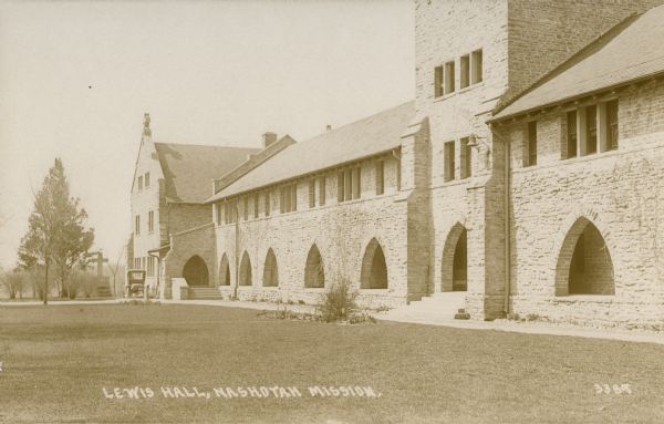 Nashotah Mission, Lewis Hall. Side view with automobile parked in front of building. Caption reads: "Lewis Hall, Nashotah Mission."
