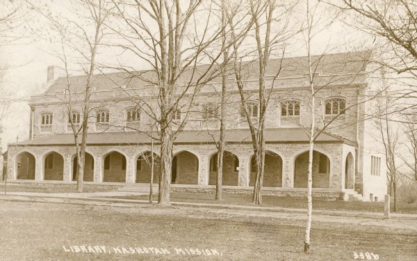 Frontview of Nashotah Mission, library about 1915-20(?). Caption reads: "Library, Nashotah Mission."