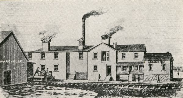 Line drawing of first paper mill in Neenah, Wisconsin, built in 1865-66 and called the Neenah Paper Mill; it was run by a stock copany composed of Nathan Cobb, president; Hiram Smith, secretary and treasurer; Dr. Nathaniel S. Robinson, manager; Edward Smith; John Jamison and Moses Hooper. After the third year of operation, D.C. Van Ostrand purchased interest in it, and he and Hiram Smith rented the mill, calling it Smith & VanOstrand. Eventually they were able to purchase the rest of the stock and became sole owners. In 1874 Kimberly, Clark & Company bought the mill and incorporated it into their enterprise.