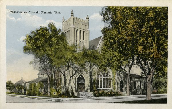 Exterior of Presbyterian Church. Caption reads: "Presbyterian Church, Neenah, Wis."