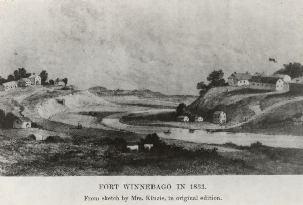 Fort Winnebago, a print published in Mrs. John H. Kinzie's Wau-bun (1856).