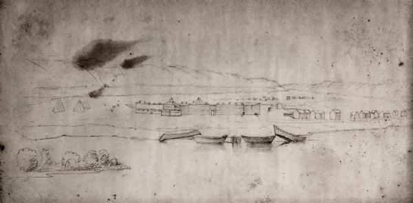 Fort Crawford, from a sketchbook attributed to Seth Eastman, 1808-1875. A graduate of West Point, Eastman briefly served at Fort Crawford, 1829-1839.