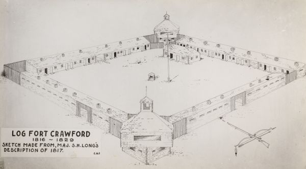 Sketch of an elevated view of Fort Crawford (1816-1829).
