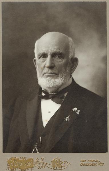 Philetus Sawyer, congressman, U.S. Senator, and Oshkosh lumber baron (1816-1900).  During the 1880s and 1890s Sawyer was one of a small group of conservative, Stalwart Republicans that dominated Wisconsin politics.  In 1891 Robert M. La Follette, Sr., broke with Sawyer over an alleged bribery attempt and the remainder of the decade witnessed the La Follette Progressives' ongoing attempts to oust the Stalwarts from power.  La Follette's successful gubernatorial campaign in 1900 marked the culmination of this effort.