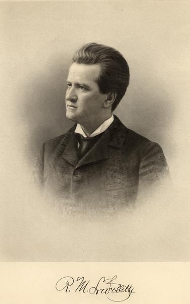 An engraved head and shoulders portrait of Robert M. La Follette, Sr., during the period when he was the governor of Wisconsin.