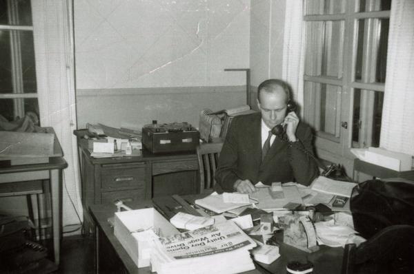 Elected to the Senate in a special election in September 1957, to fill the unexpired term of Senator Joe McCarthy, William Proxmire was forced to begin a campaign for re-election almost immediately as his term was scheduled to expire in one year. This snapshot shows him already working the phones in Watertown months before the November 1958 election.
