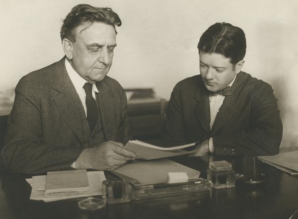 Gilbert Roe and Robert M. La Follette, Jr. Publicity portrait of Robert M. La Follette, Jr., as a youth seated at a desk with Gilbert Roe, a former law partner of his father, Robert M. La Follette, Sr., and a nationally known defender of free speech.