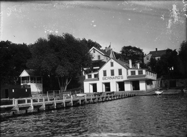 View from water of Bernard's Boat House on Lake Mendota, adjacent to the present James Madison Park.