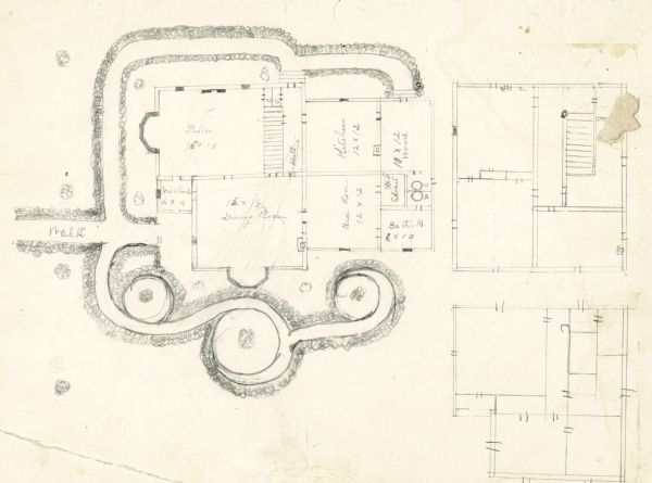 An original pencil sketch by banker and real estate developer Napoleon B. Van Slyke, possibly for his residence erected in 1859 at 510 North Carroll Street. The floor plan of the house as built differs somewhat from this sketch, raising the possibility that it was intended for one of the several other houses he had built for himself or for one of his clients.