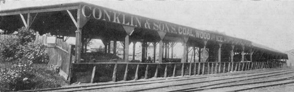 Conklin & Sons coal yard at 614 West Main Street.  The coal yard was next to railroad tracks and sold coal, wood, and ice.