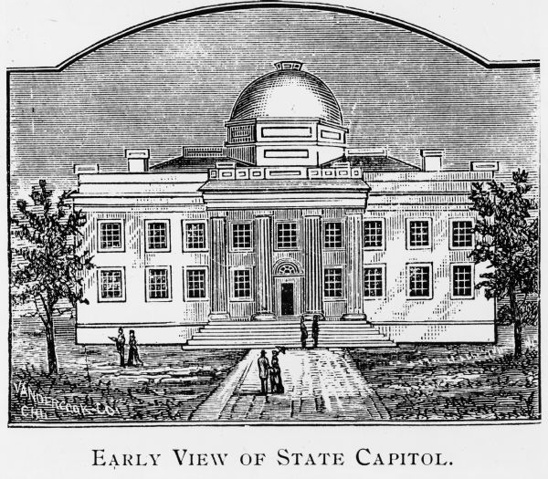 Illustration of the second Wisconsin State Capitol, which was the first one in Madison.