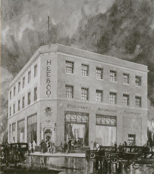 An architect's rendering of the Heeb Automotive Equipment Company building, 401 West Gorham Street; Law, Law, and Potter, architects. The building was bought by the city in 1965 in order to widen the intersection of N. Broom with W. Gorham. From January 1968 through September 1969 it housed the UW Coop and was the original location of the Broom Street Theater group. The building was torn down in 1969.
